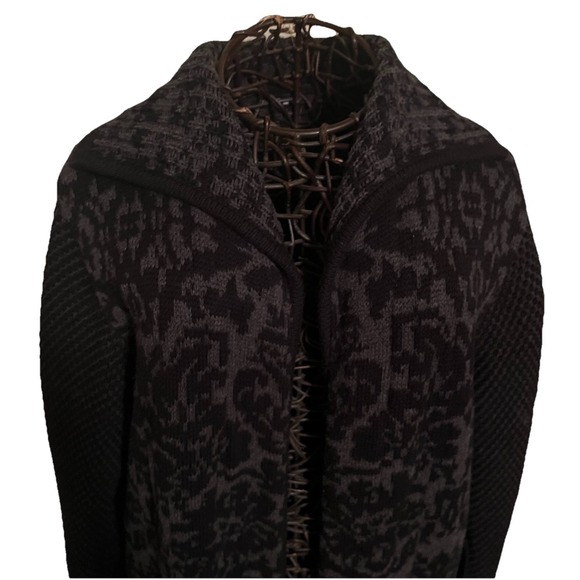 Y2K Open Front Cardigan Black Grey Purple Print Sz M Pockets Ribbed Collar Cozy - Picture 3 of 9